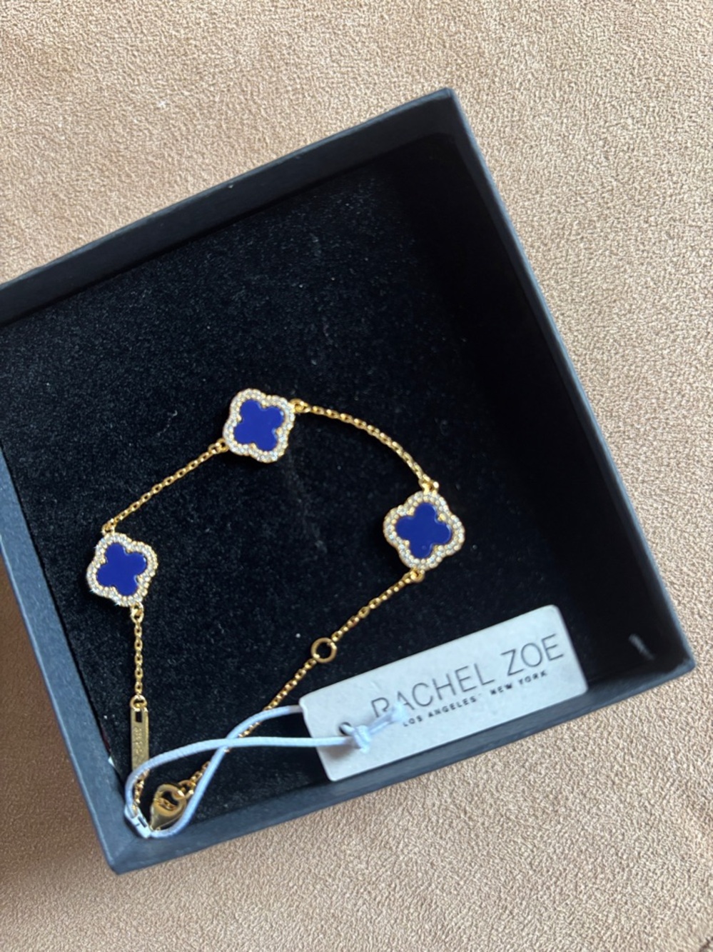 Rachel Zoe Gold-Tone Bracelet with Royal Blue Clover Charms NWT - Picture 2 of 3
